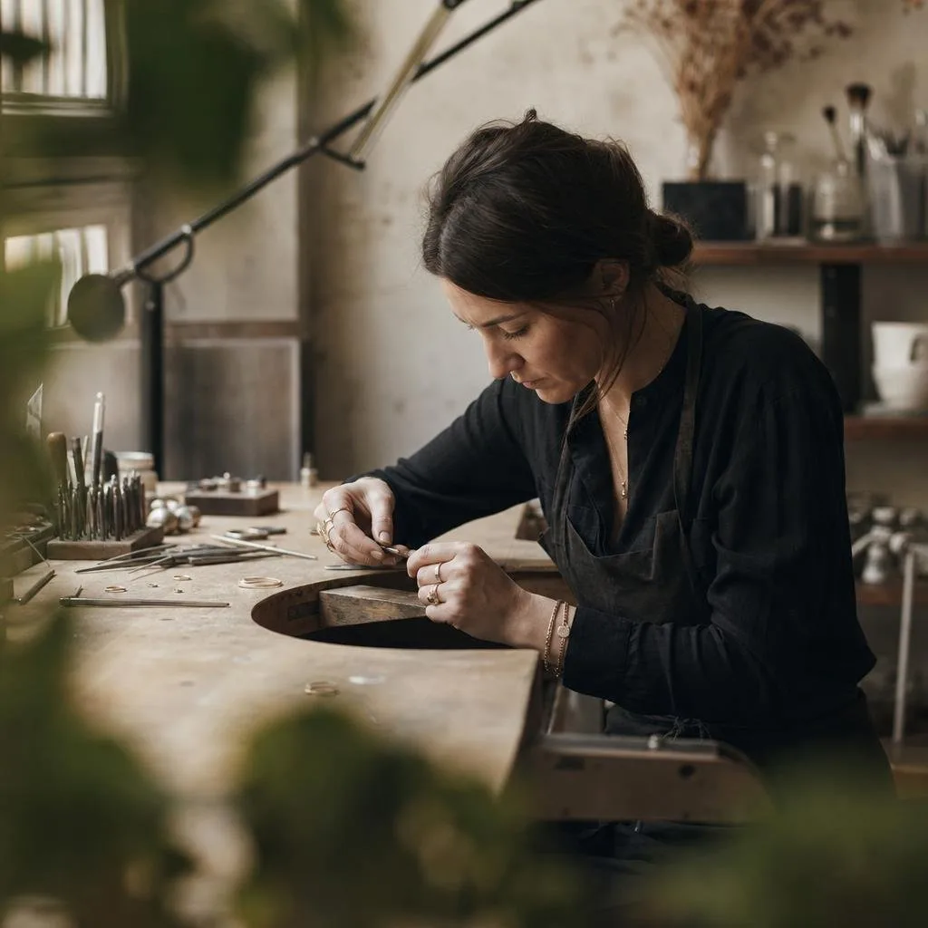 A jeweller at the bench under warm light, tools laid out