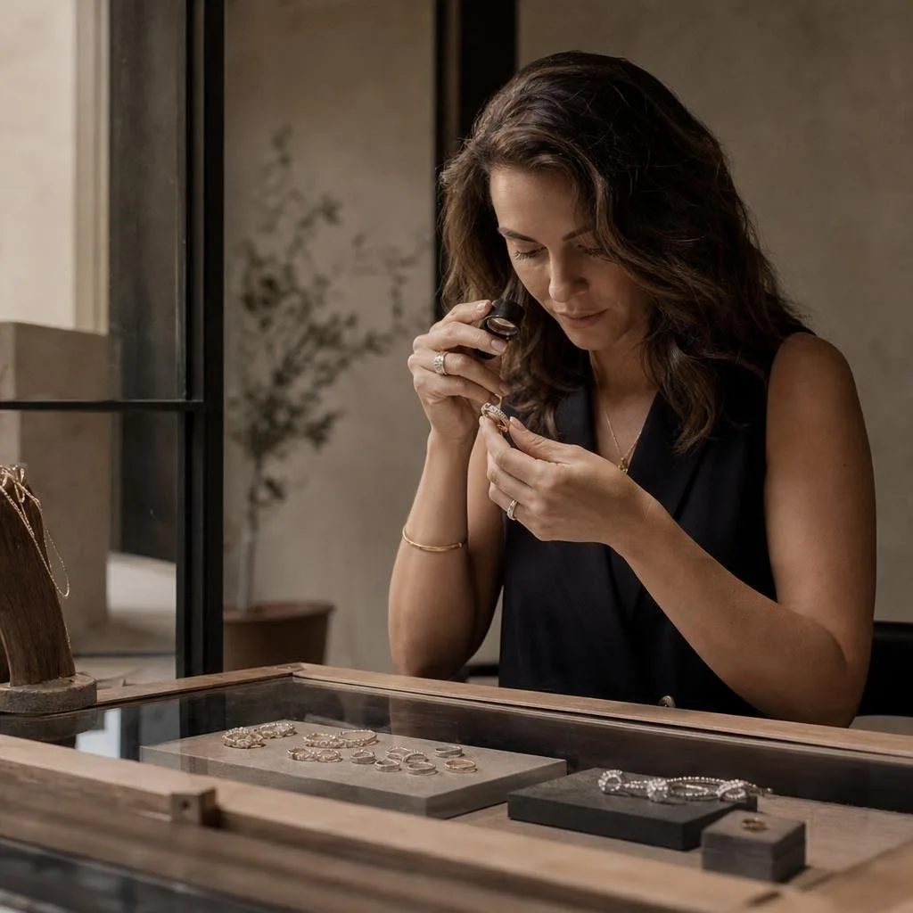 A jeweller's bench with hand tools, loupe, and a setting in progress
