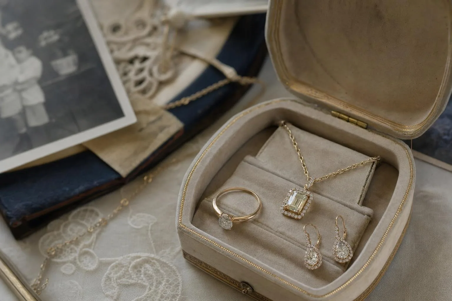 Fine gold and diamond jewelry arranged on a soft neutral surface